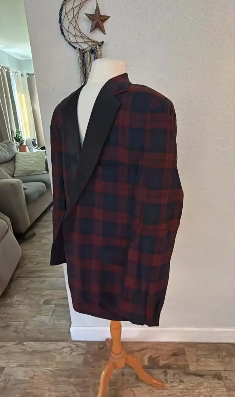 Nordstrom Plaid Tuxedo Dinner Jacket Burgundy Black Satin Shawl Collar